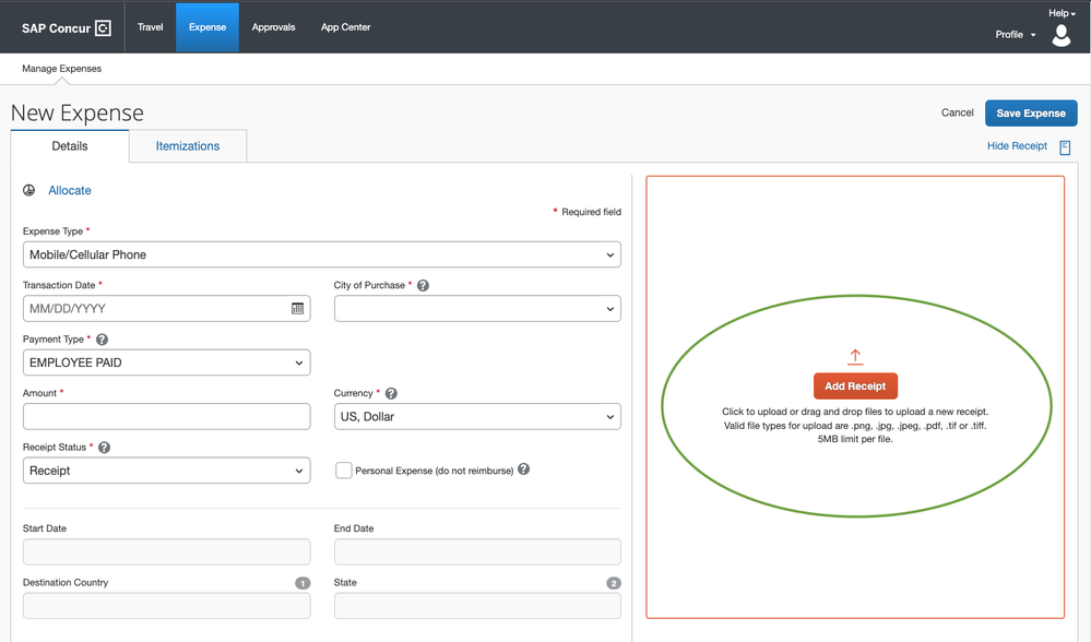 Add Receipt area of a new or existing expense