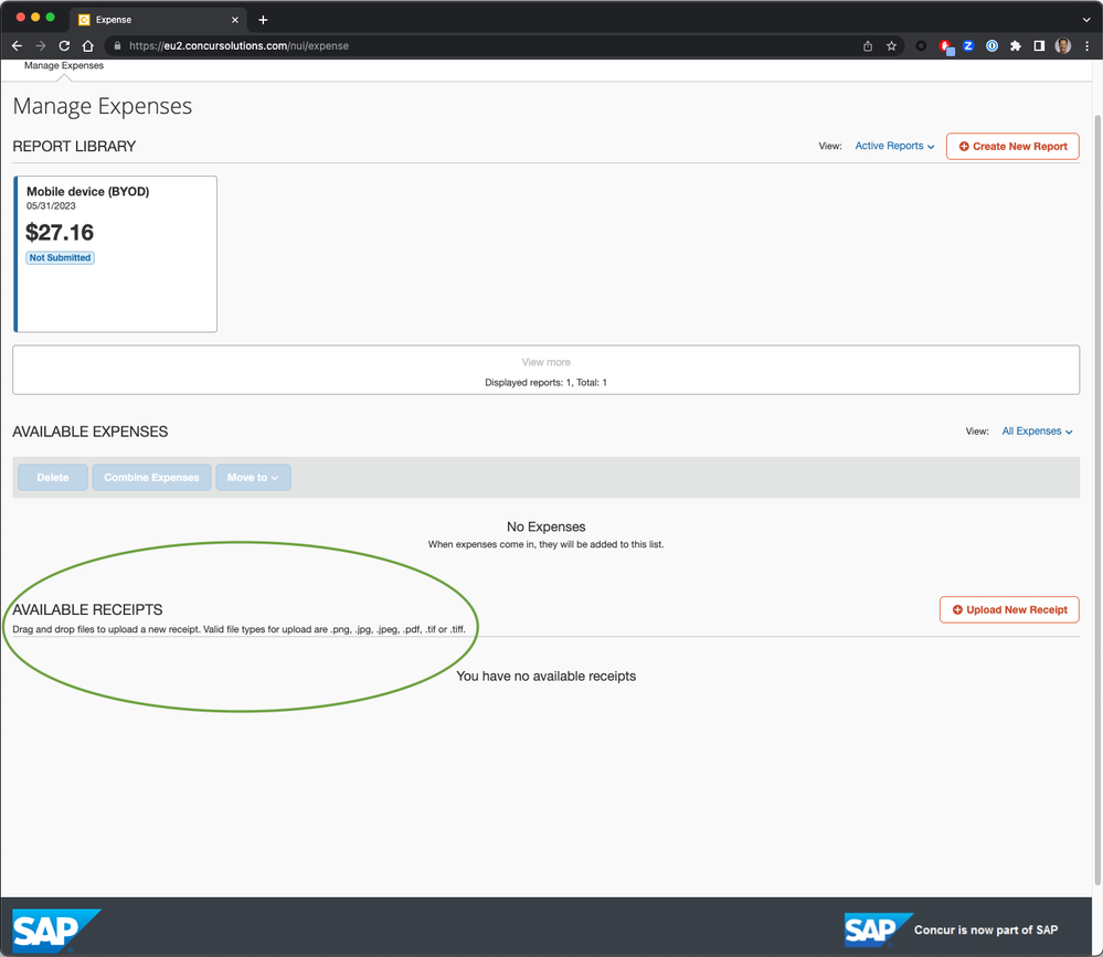 AVAILABLE RECEIPTS area of the Concur Expense home page