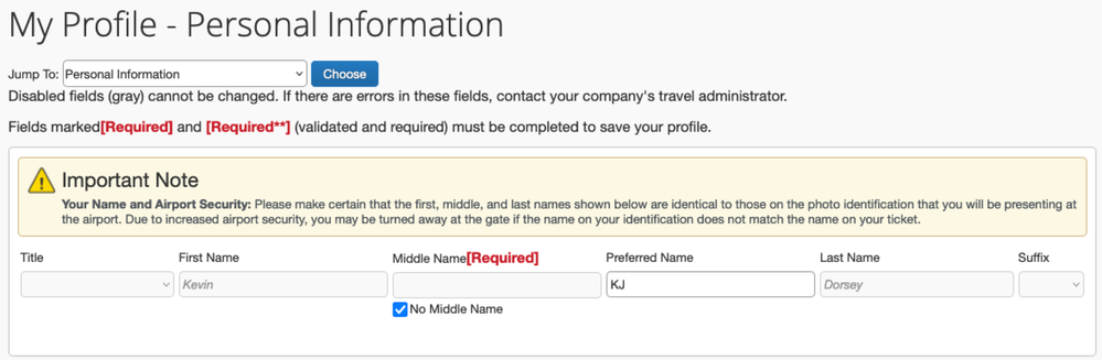 In this example, the user input "KJ" into the Preferred Name field of their profile information.