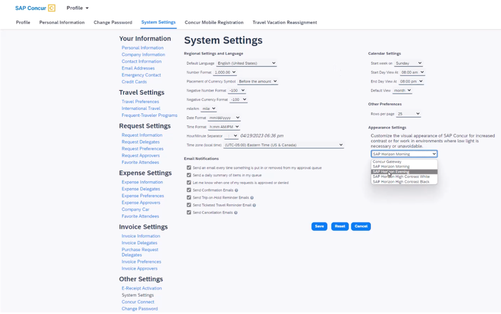 When enabled, users can change their theme settings from the Appearance Settings dropdown menuon the System Settings screen.