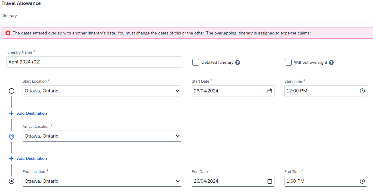 Solved: Overlap itinerary and transaction is outside the d... - SAP ...