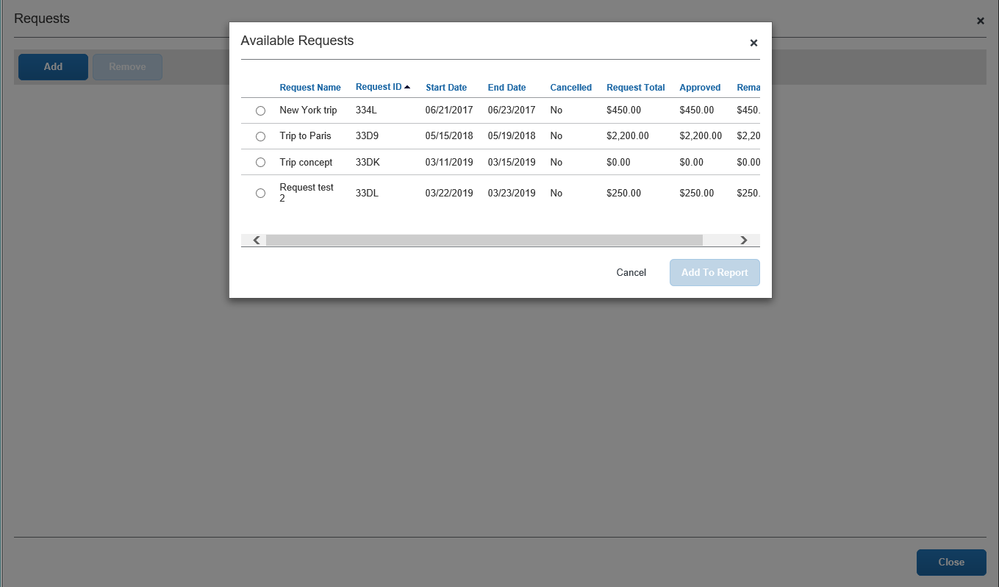 After clicking Add from the Manage Requests page, select from the list of available requests and click Add to Report.