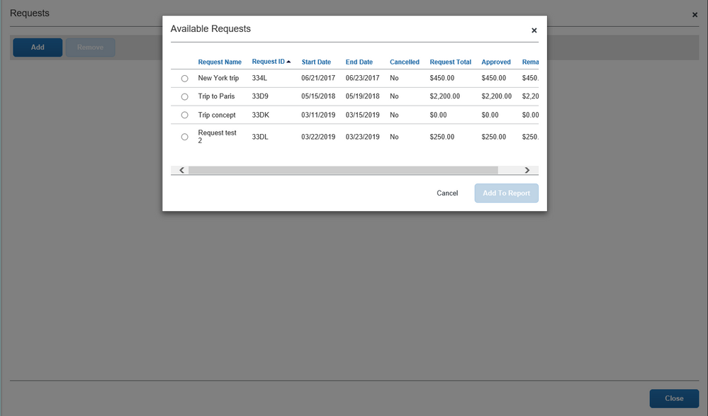 After clicking Add from the Manage Requests page, select from the list of available requests and click Add to Report.