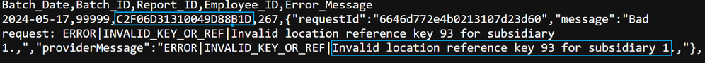 In this example, the Report ID and the NetSuite error message are highlighted, where the selected location internal id 93 is not valid for subsidiary internal id 1.