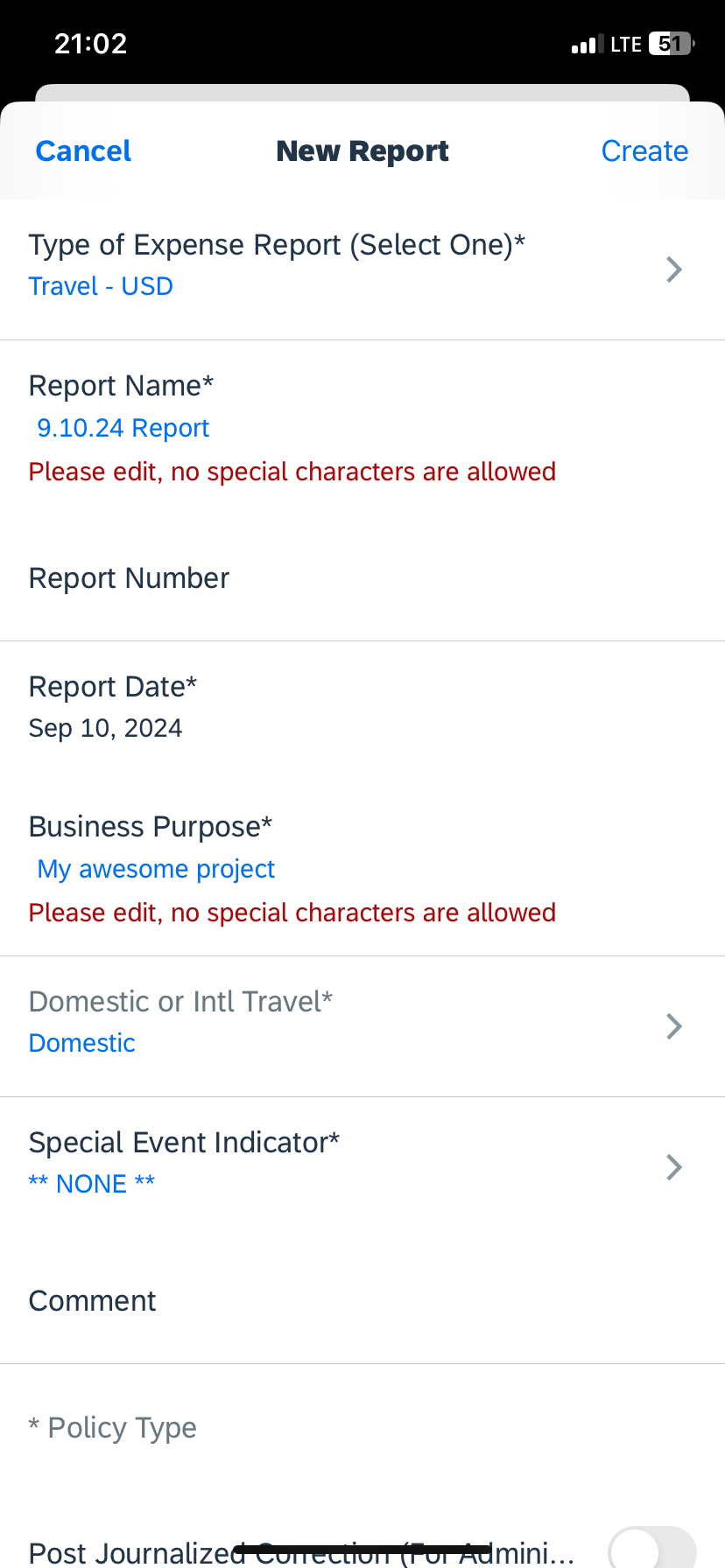 Cannot create New Report in Mobile App iOS - SAP Concur Community