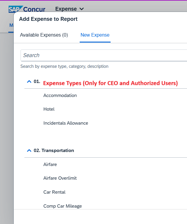 Solved: Certain Expense Types for Specific User ONLY - SAP Concur Community