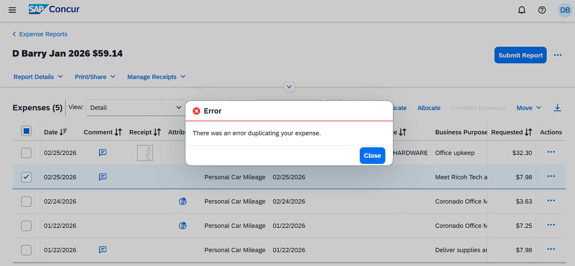 Solved: Error when trying to duplicate an expense - SAP Concur Community