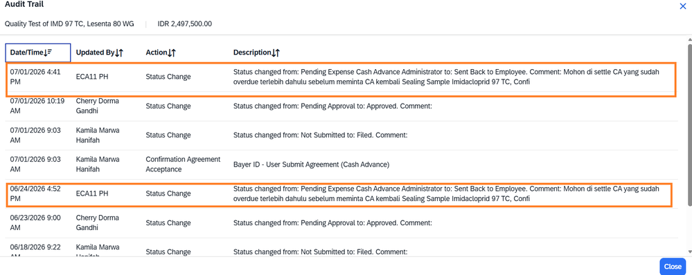 The CA was rejected twice and the comment was "please complete the overdue expense of "Sealing Sample Imidacloprid 97 TC"