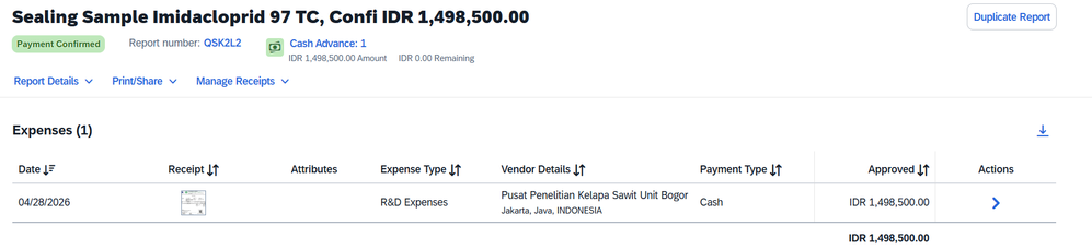 The mentioned Expense report have submitted and payment confirmed