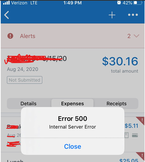 Error 500 Internal Server Error when moving charg... SAP Concur