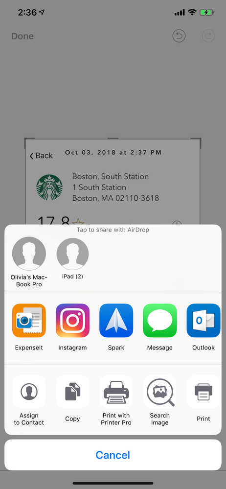 Shows a screenshot of receipt (from Starbucks app), and easy ability to send to ExpenseIt.)