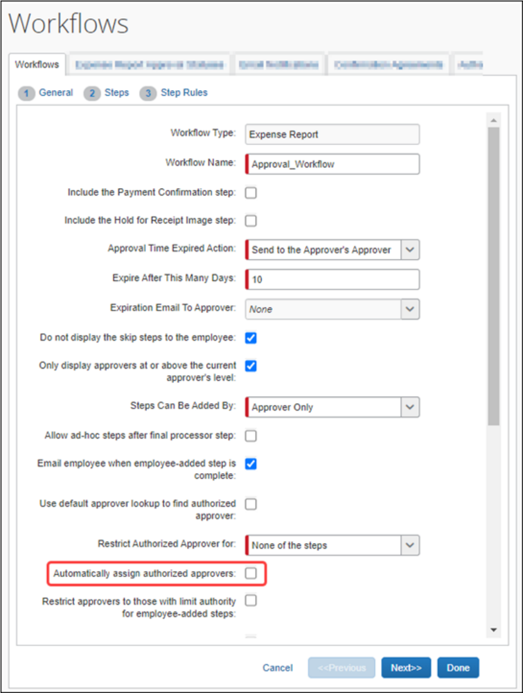 Use of this setting ensures that all authorized approval steps have an assigned approver for the expense report without user action.