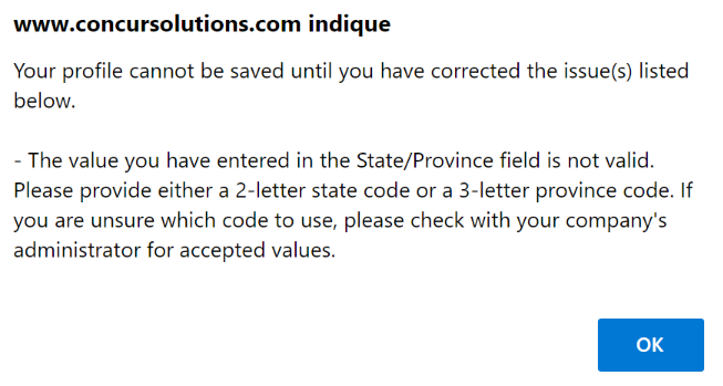 Not able to save my profile because of State /prov - SAP