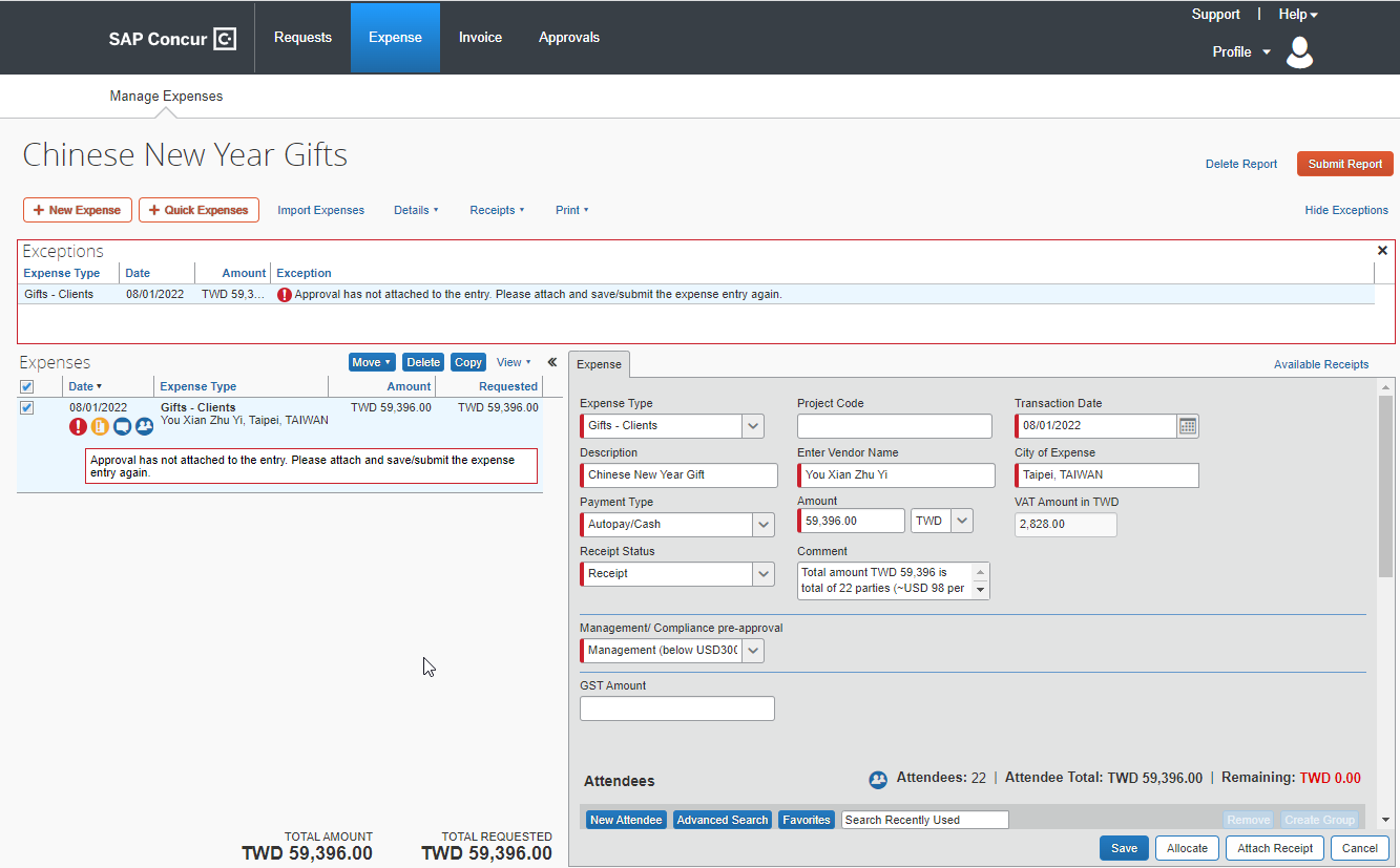 Expense being approved even though contradicts dai - SAP Concur