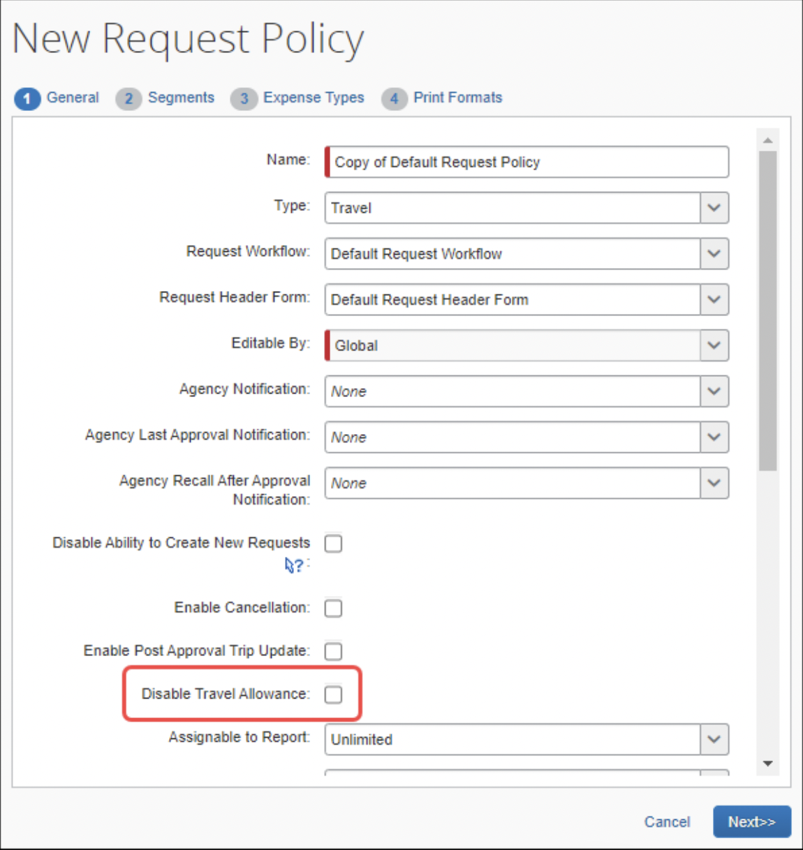 concur travel allowance checkbox