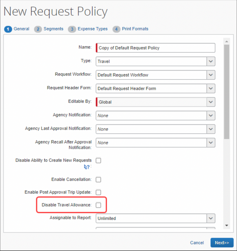 The new policy setting, Disable Travel Allowance, will appear on the General step of the Modify Request Policy and New Request Policy pages in Request Policies.