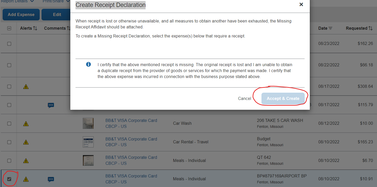 Missing receipt declaration is grayed out.... - SAP Concur Community