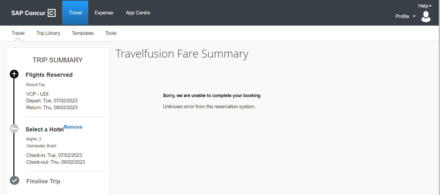 Error booking travel online SAP Concur Community