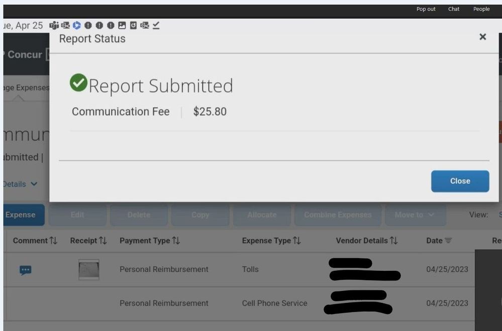 This screenshot shows that the expense report submitted successfully.